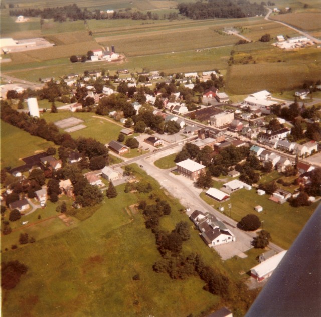 Aerial view of Honey Brook in October 1979. The fire hall is in the center.