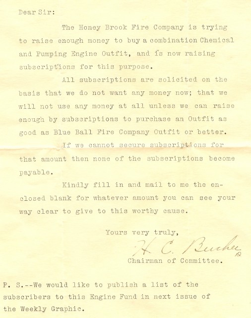 A letter from 1922 seeking donations towards the eventual purchase of the 1923 Reo pumper...