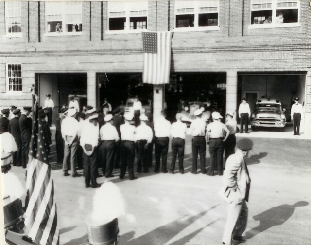 The 1961 Housing Ceremony. L to R: Mack tanker housed by White Horse, International pumper housed by Brandywine #2, Reo pumper housed by Morgantown & Elverson, Pontiac ambulance housed by Washington #1