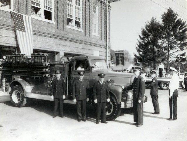 The 1950 International/ American LaFrance pumper being housed by the Brandywine Fire Co. #2 of Coatesville