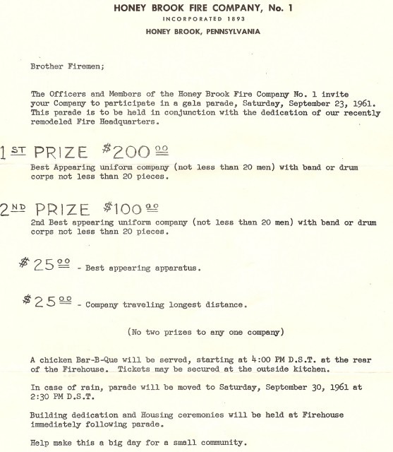 Letter sent to neighboring fire companies announcing the 1961 parade, housing, and building dedication