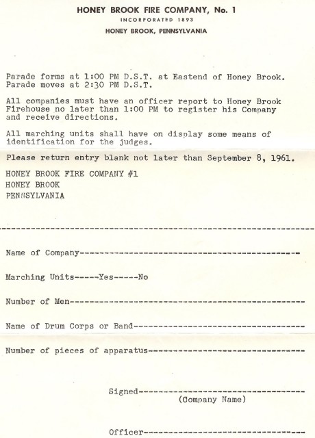 Entry form for the 1961 parade, housing, and building dedication