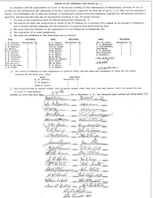 A copy of the Fire Company's charter from September 1893 